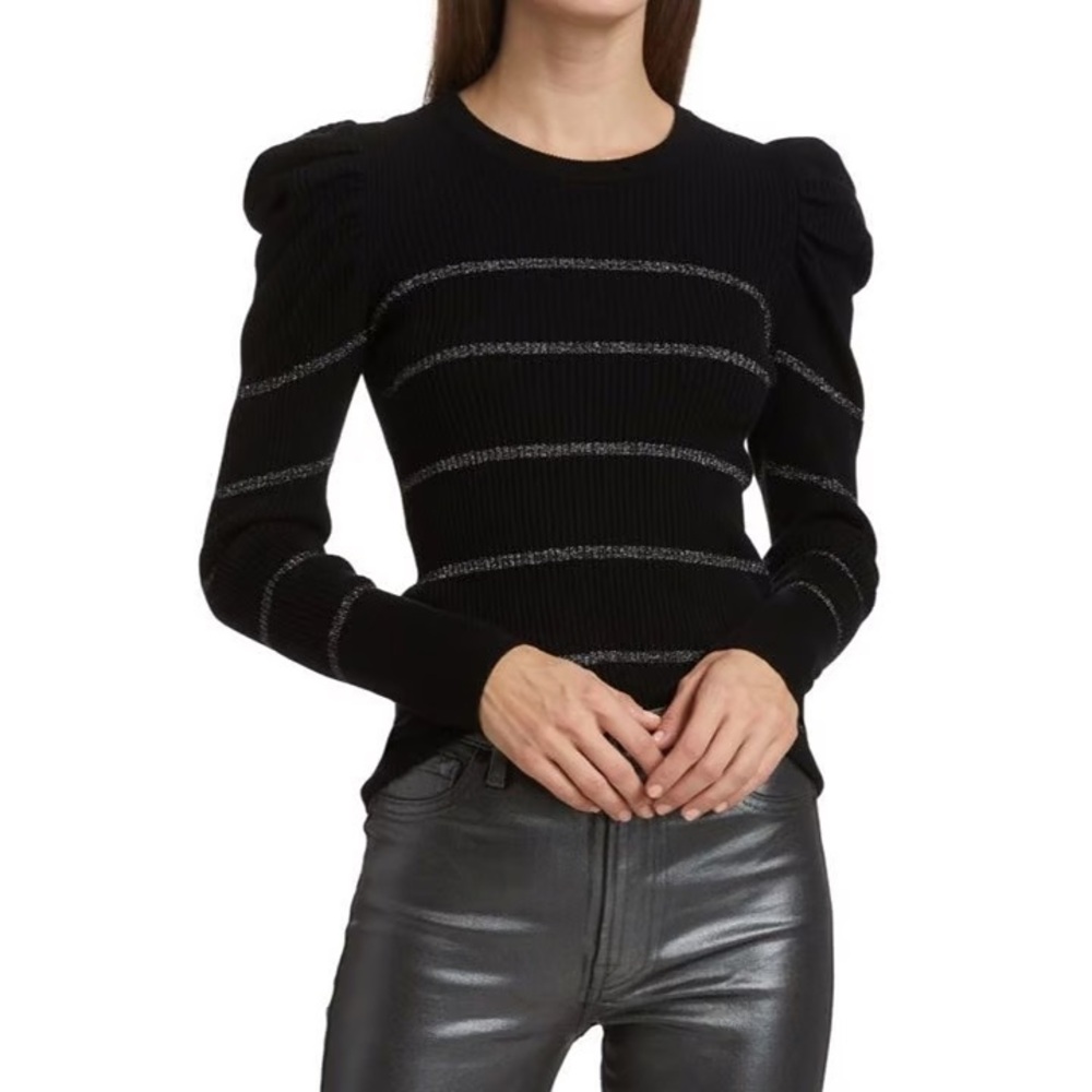 Seven For All Mankind Ribbed Puff Long Sleeve Metallic Stripe Knit Top Black XS